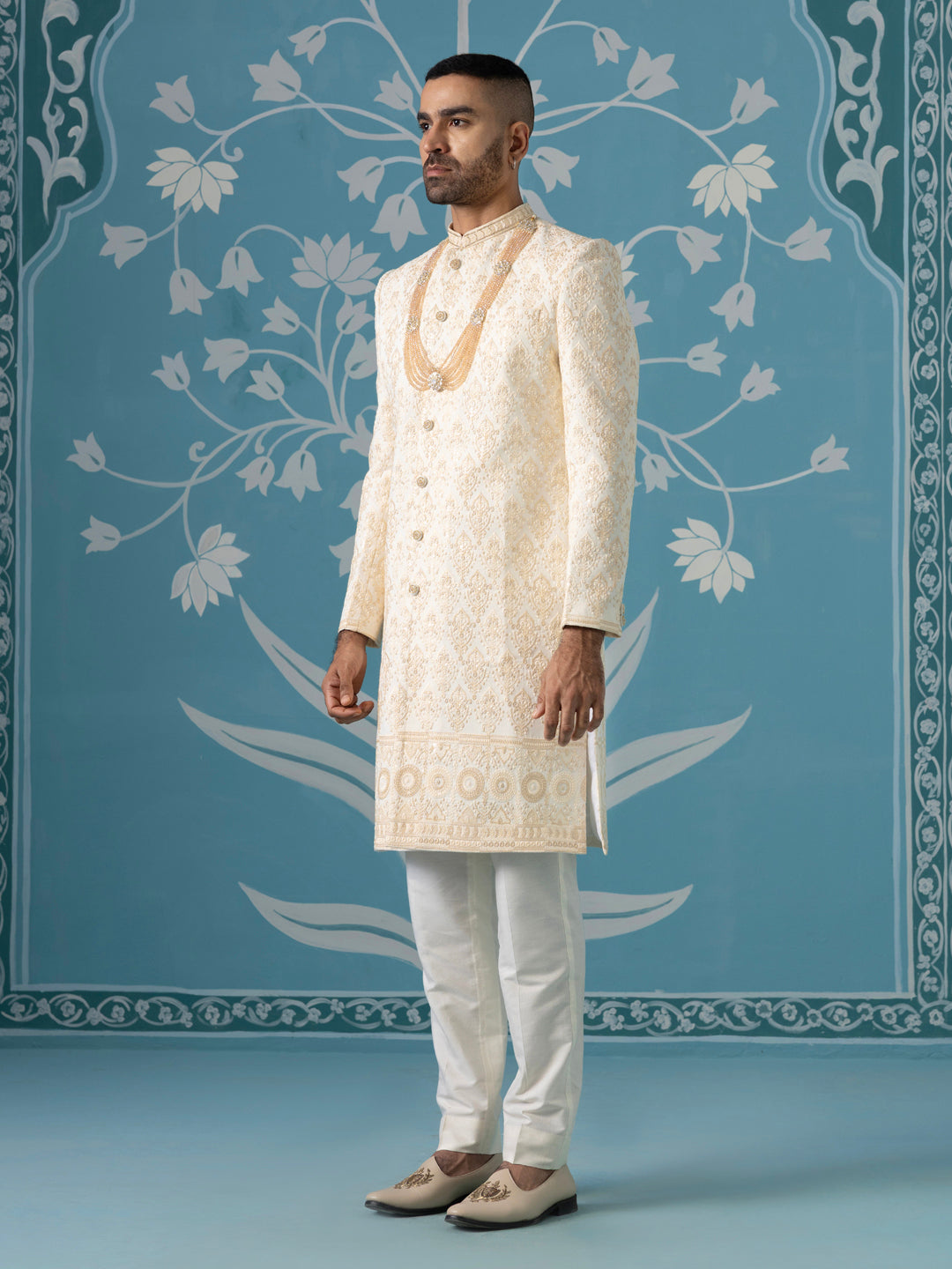 Off-White Sherwani with Beige Threadwork Embroidery