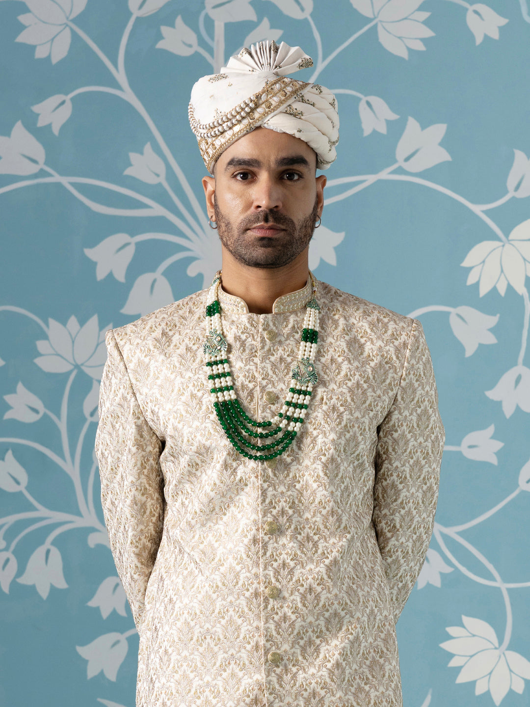 Cream Motif Embroidered Sherwani Set