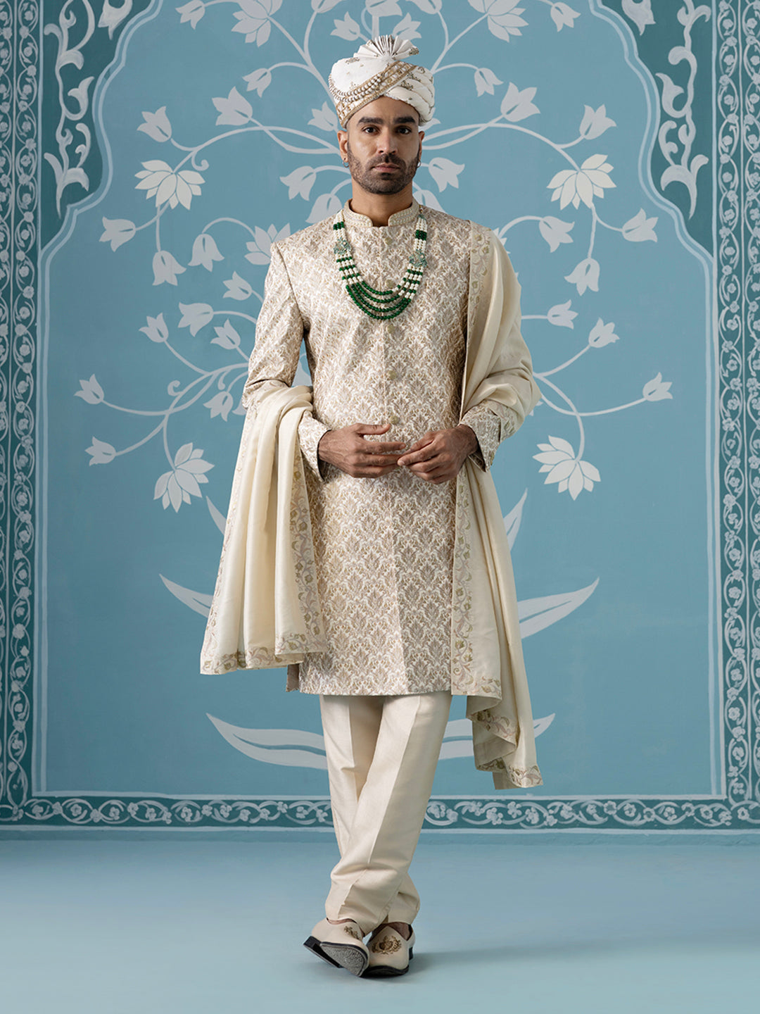 Cream Motif Embroidered Sherwani Set