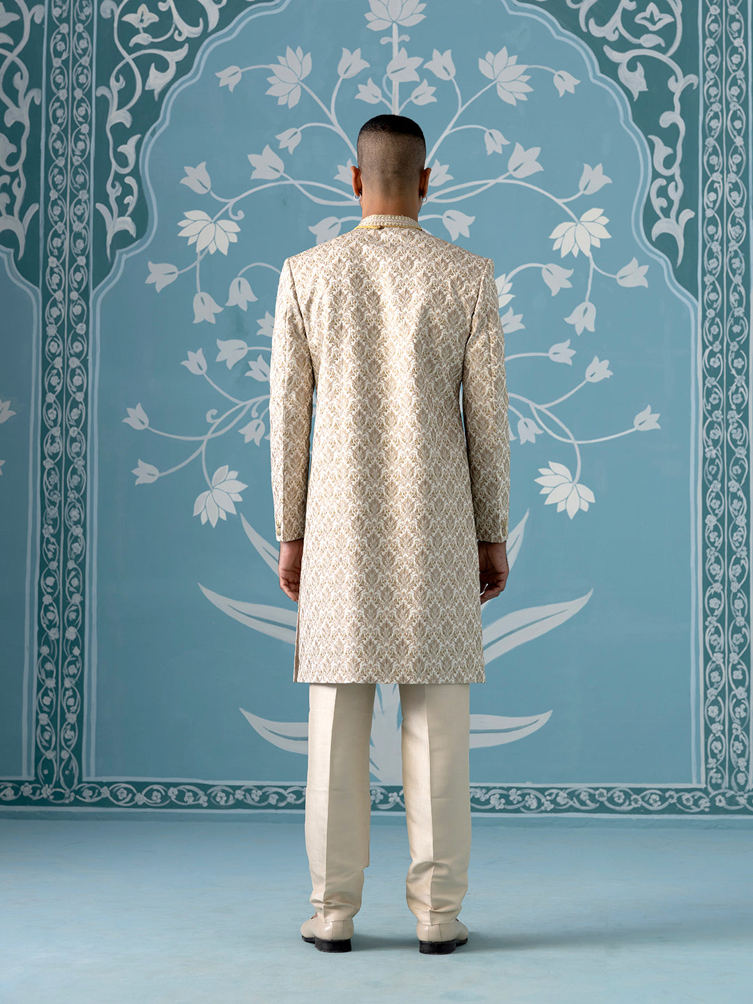 Cream Motif Embroidered Sherwani Set