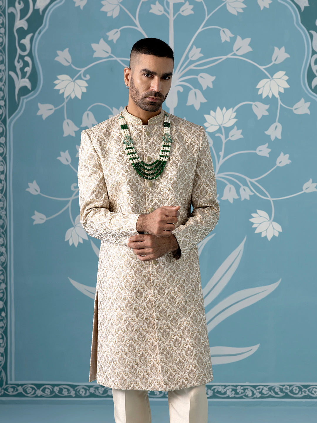 Cream Motif Embroidered Sherwani Set