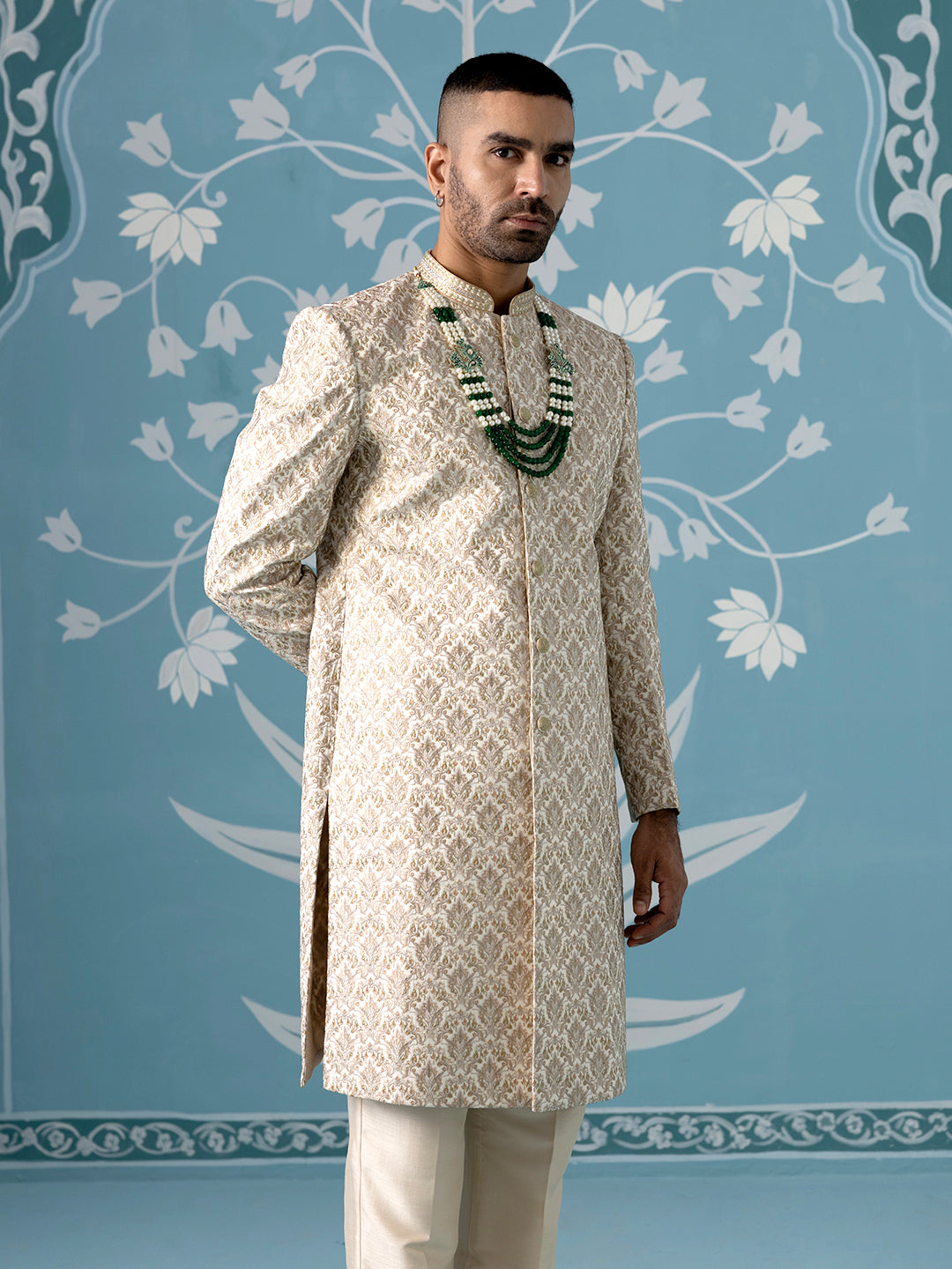 Cream Motif Embroidered Sherwani Set