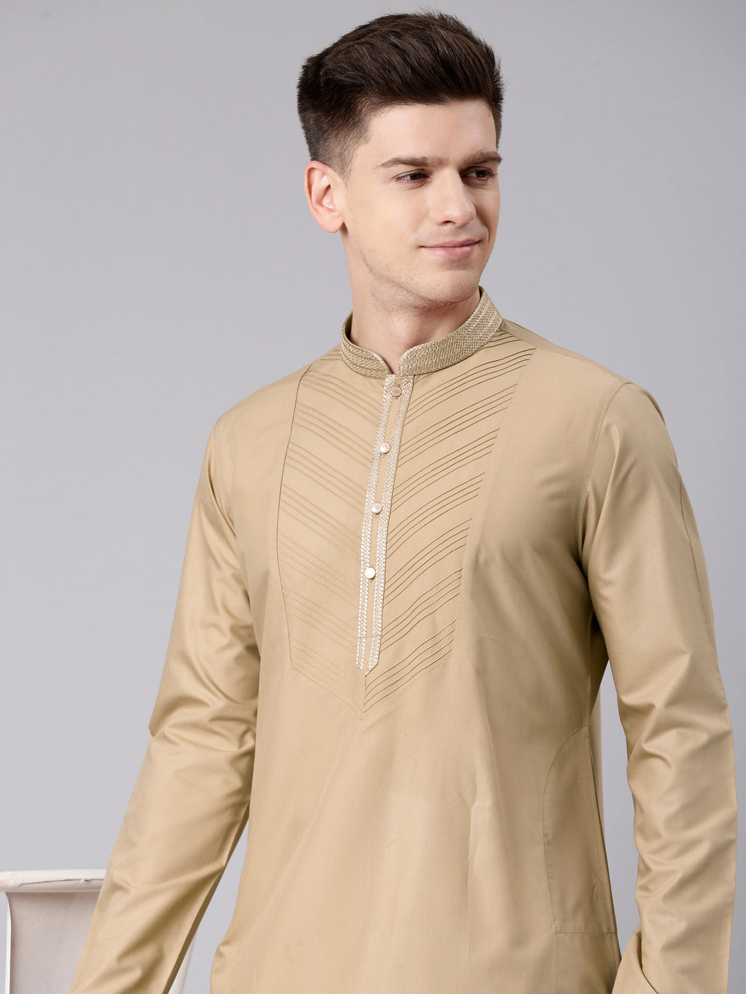 Beige Pleated Cotton Kurta Set - The Ethnic Co