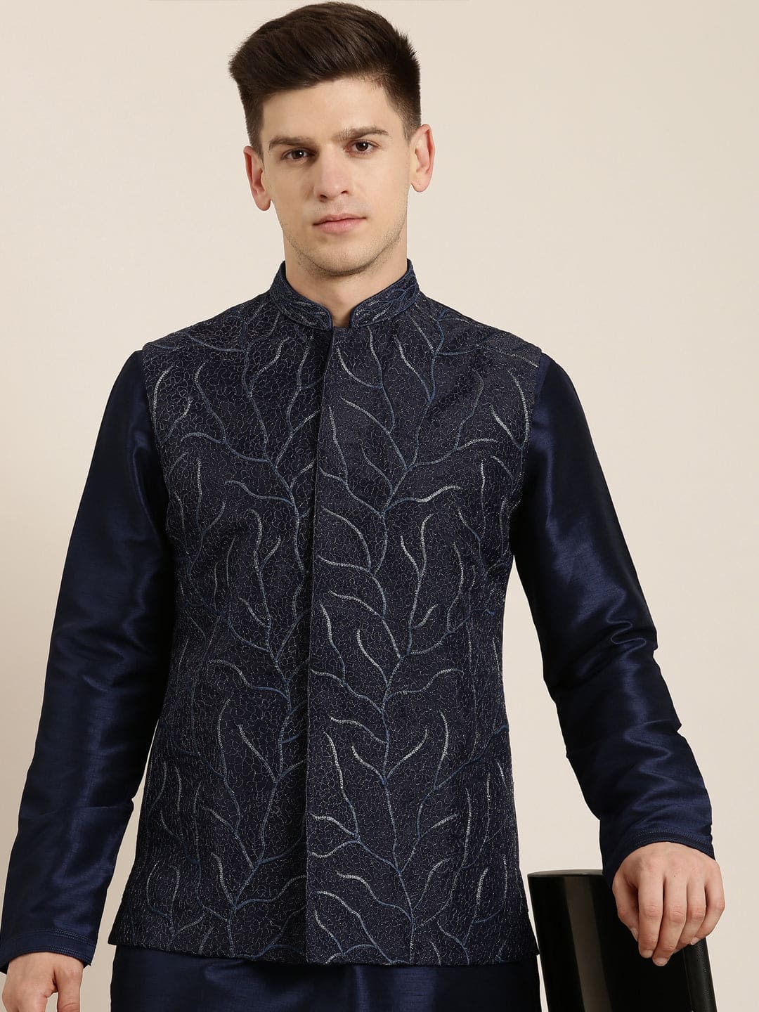 Navy Embroidered Jacket Kurta Set