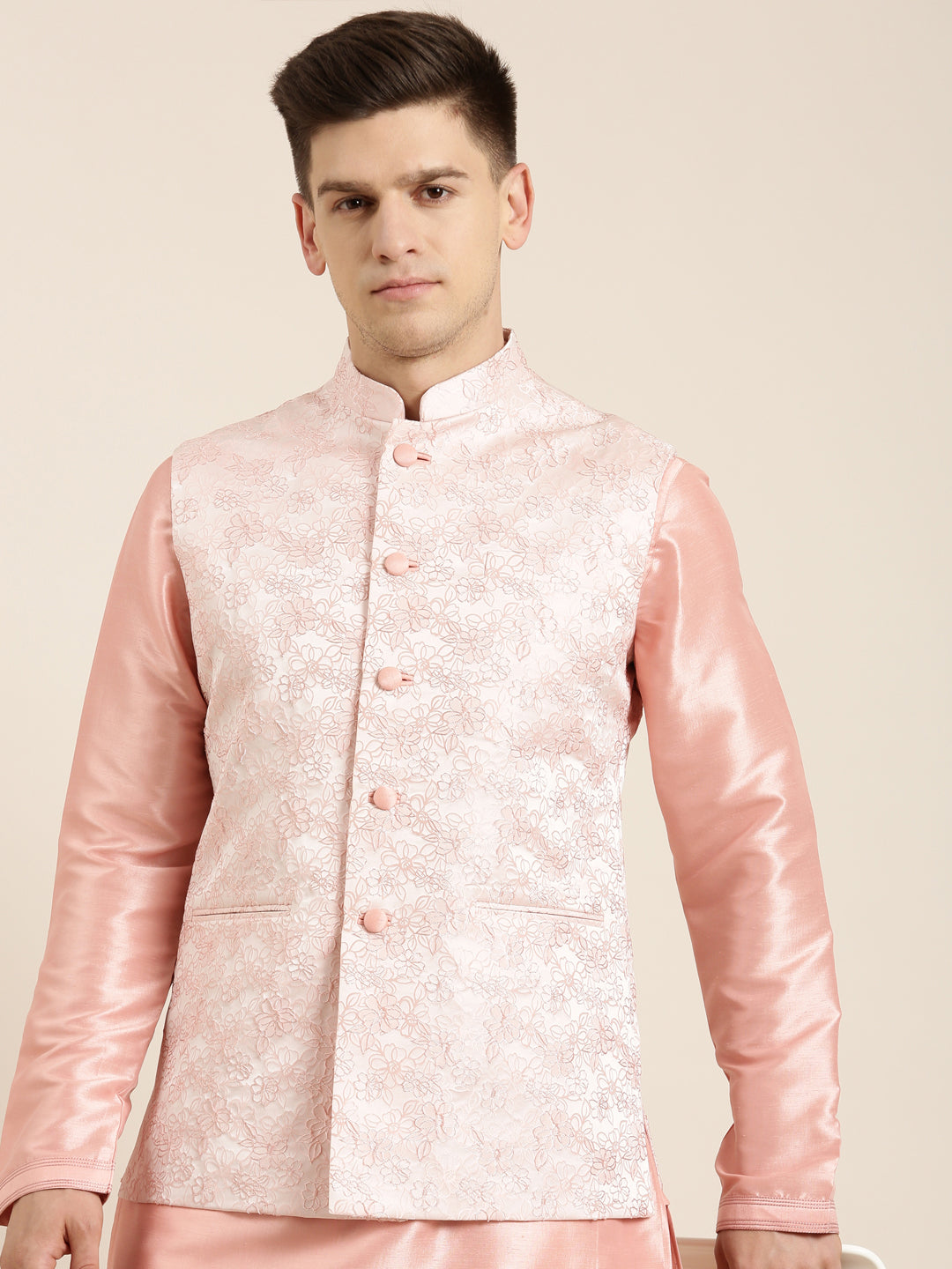 Peach Jacquard Jacket Kurta Set