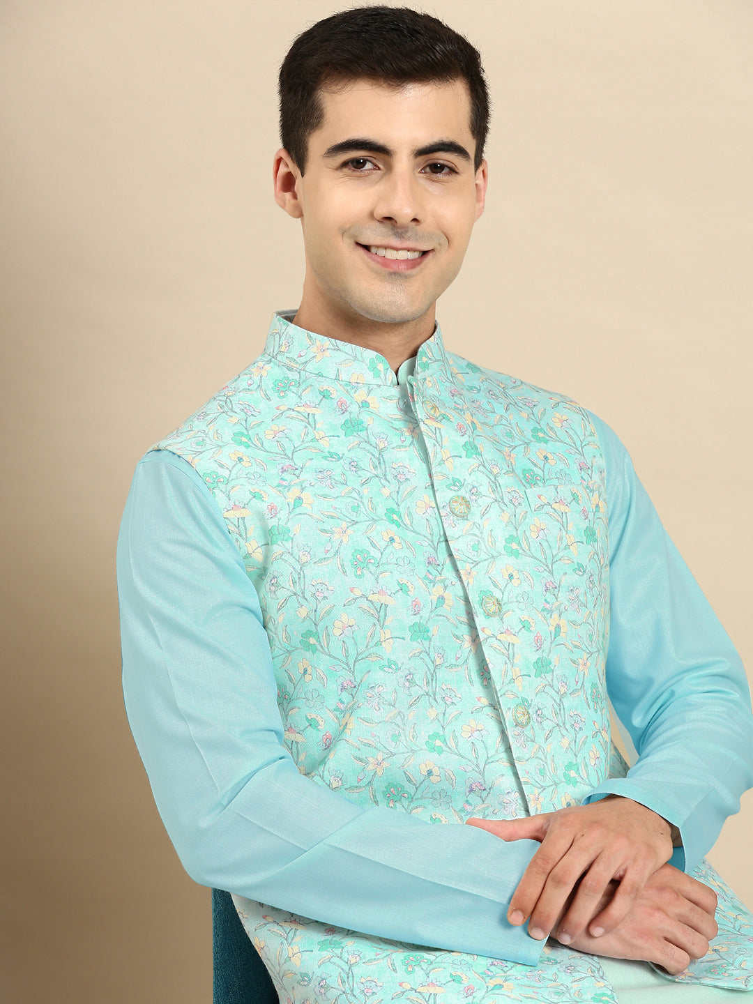 Light Pastel Blue Linen Jacket with Kurta Set