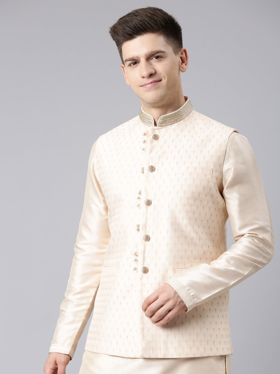 Light Pink Banarasi Jacquard Jacket Kurta Set