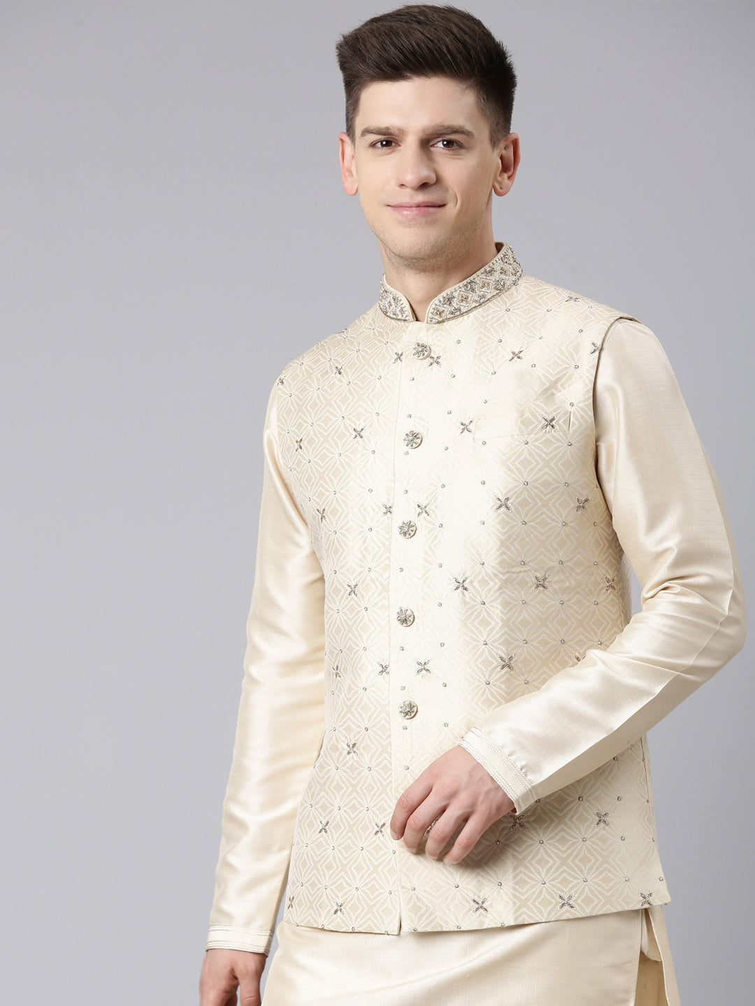 Ivory Gold Jacquard Jacket With Ivory Kurta