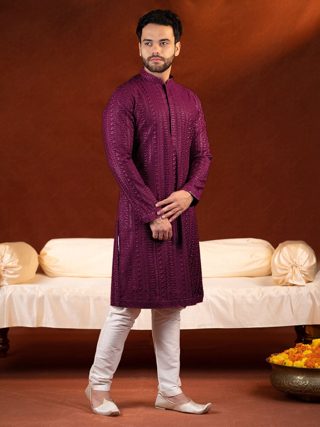 Wine Sequin Embroidered Kurta Set