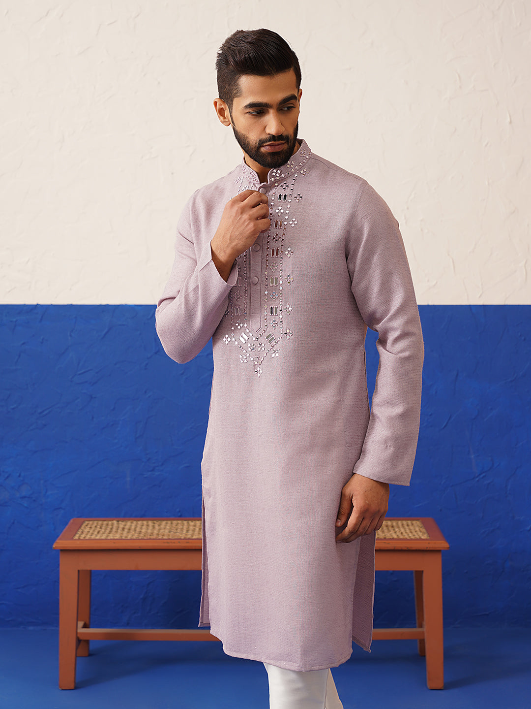 Onion Pink Mirror Embroidery Kurta Set