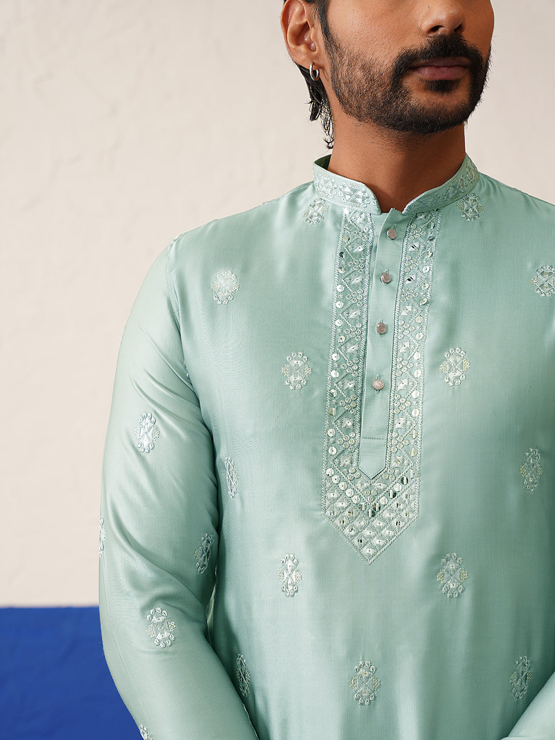 Aqua Blue Sequin Embroidered Ceremonial Kurta Set