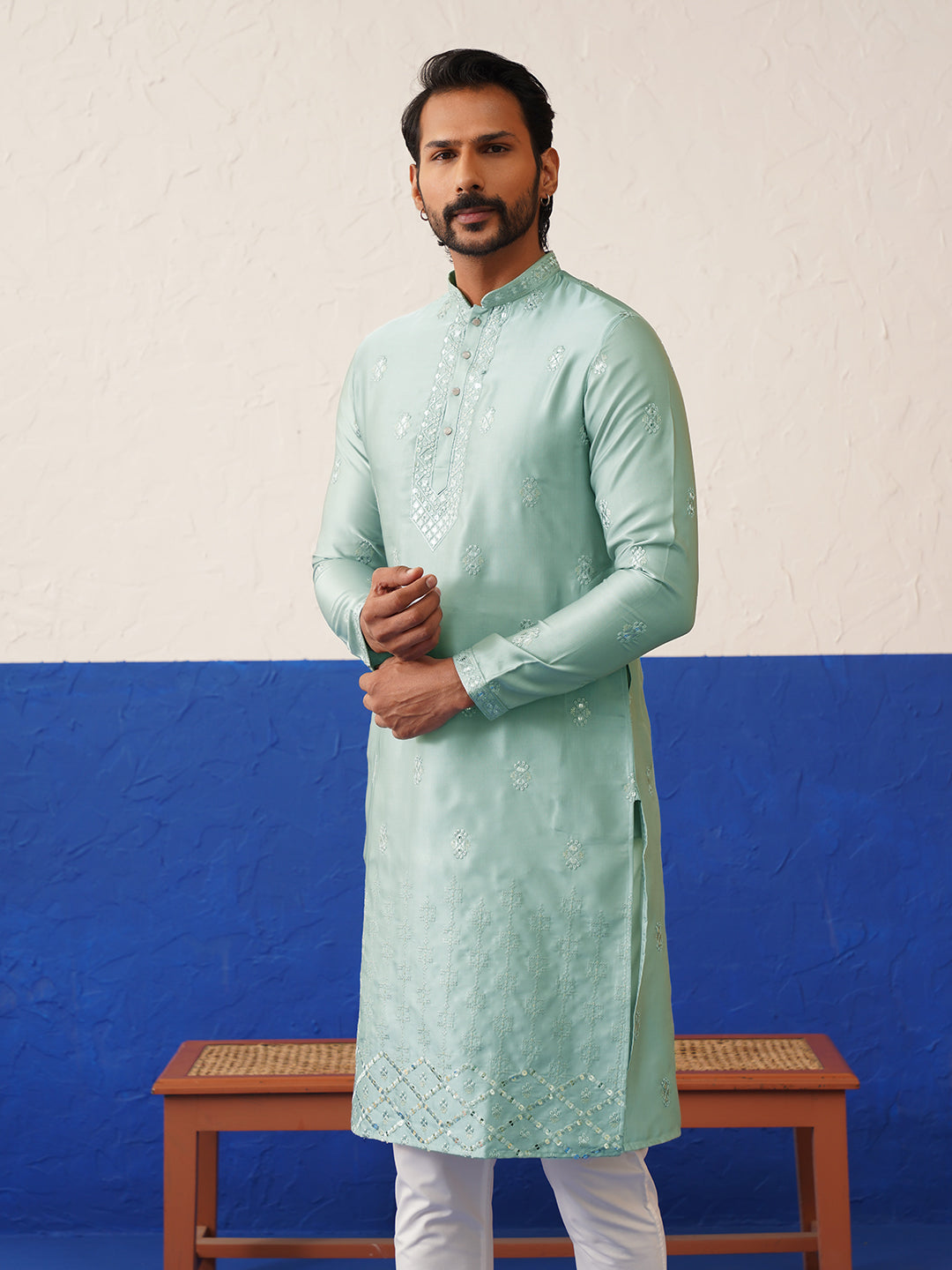 Aqua Blue Sequin Embroidered Ceremonial Kurta Set