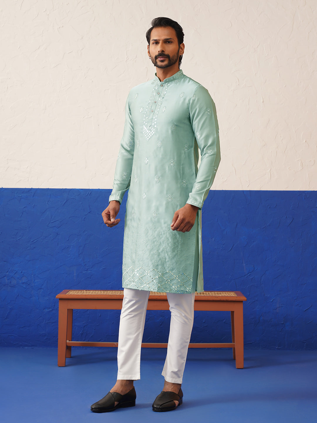 Aqua Blue Sequin Embroidered Ceremonial Kurta Set