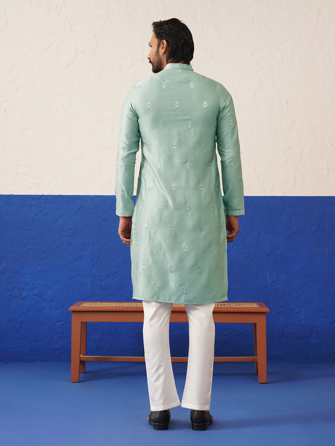 Aqua Blue Sequin Embroidered Ceremonial Kurta Set