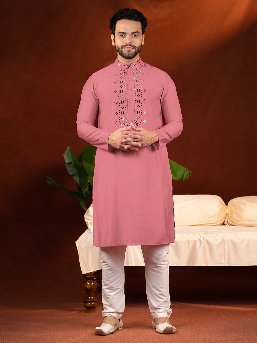 Red Mirror Embroidery Kurta Set
