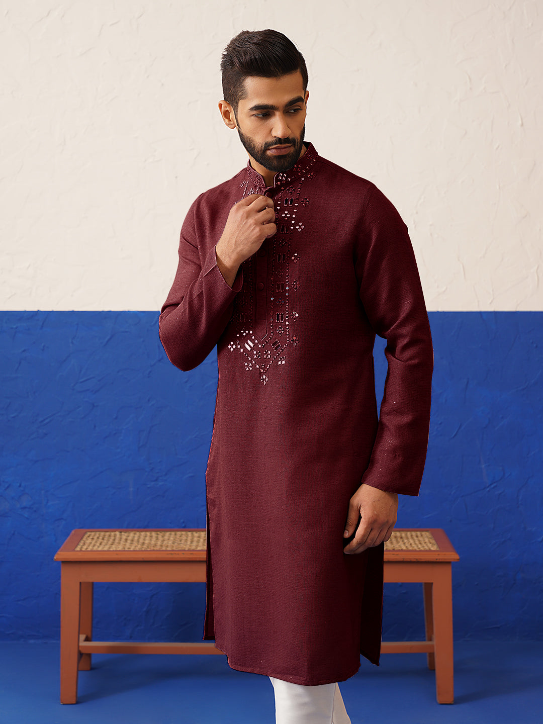 Maroon Mirror Embroidery Kurta Set