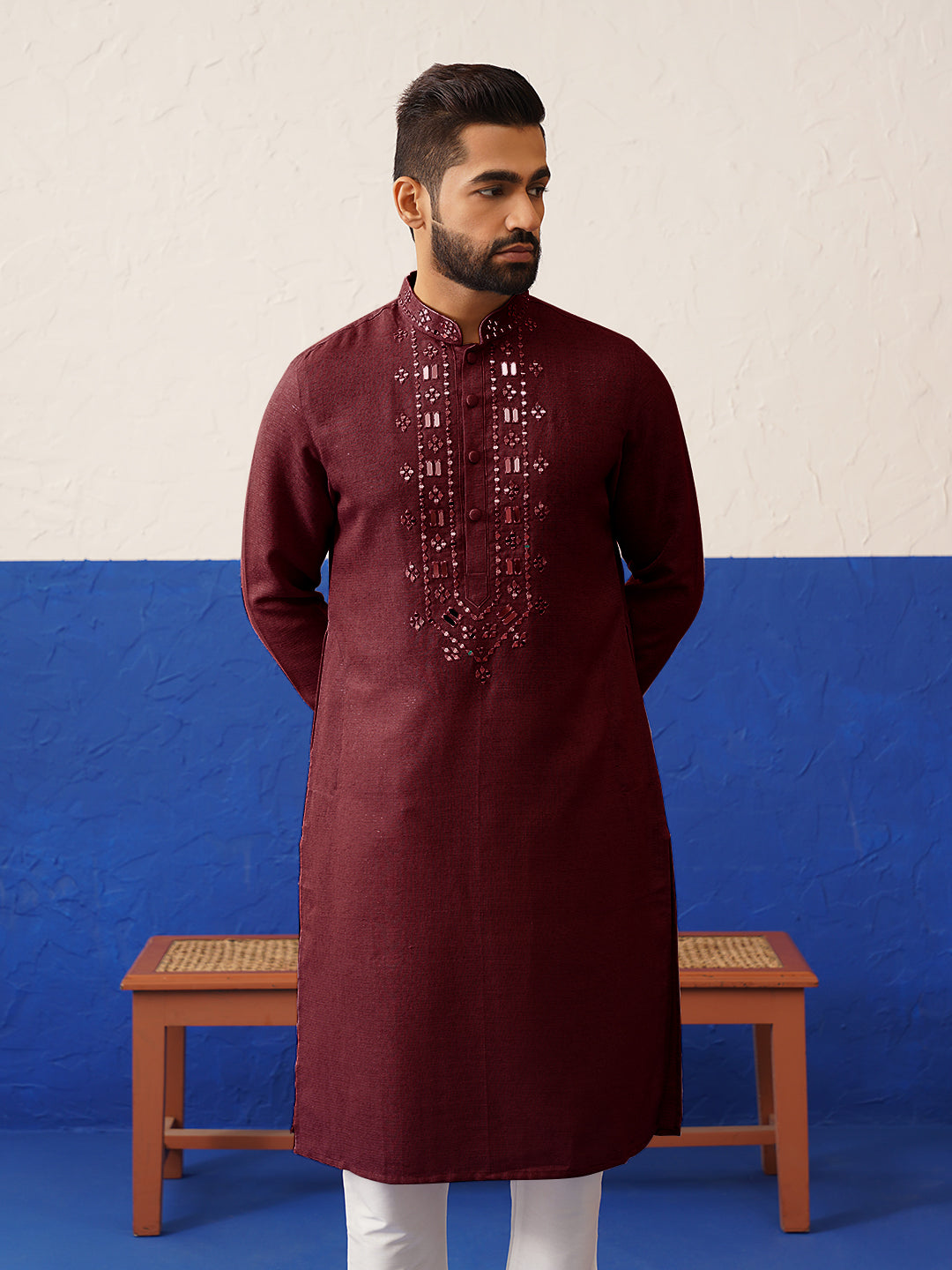 Maroon Mirror Embroidery Kurta Set