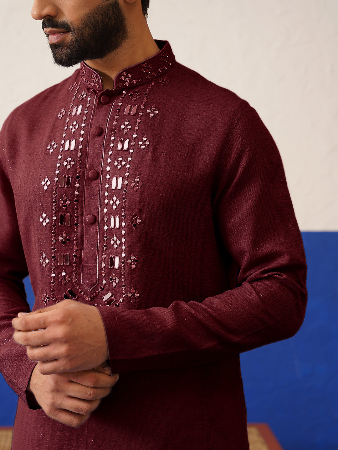 Maroon Mirror Embroidery Kurta Set