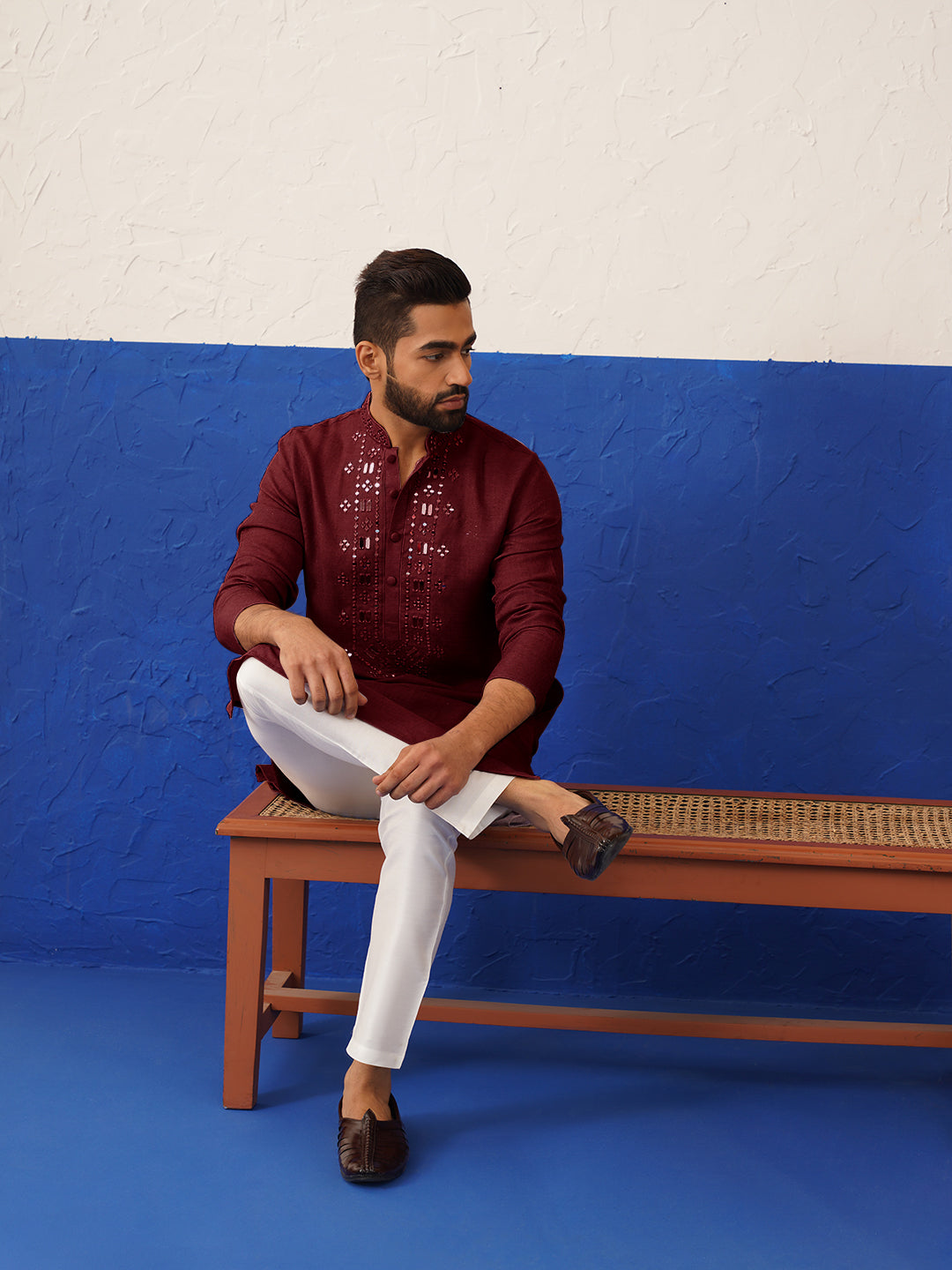 Maroon Mirror Embroidery Kurta Set