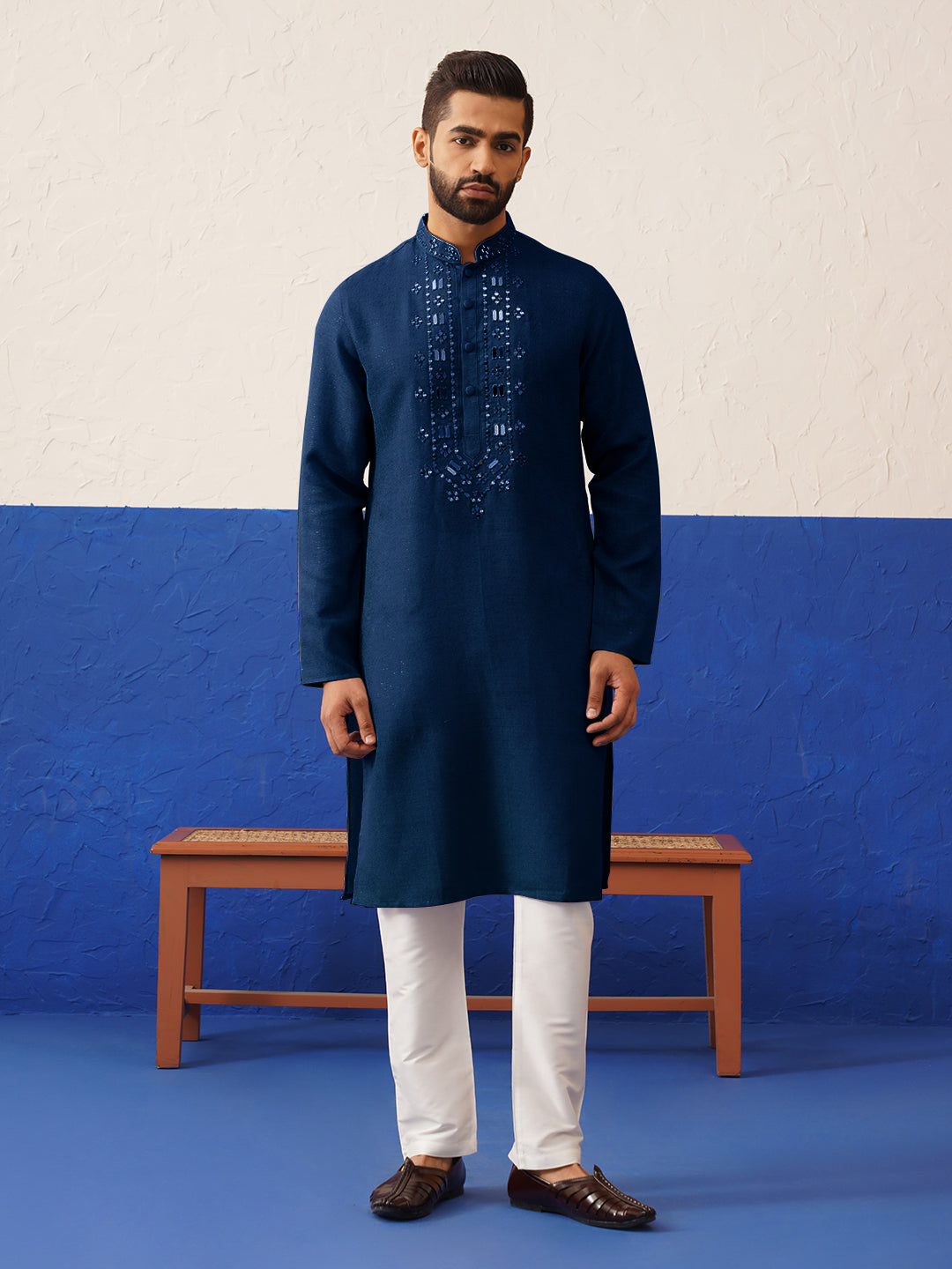 Navy Blue Mirror Embroidery Kurta Set