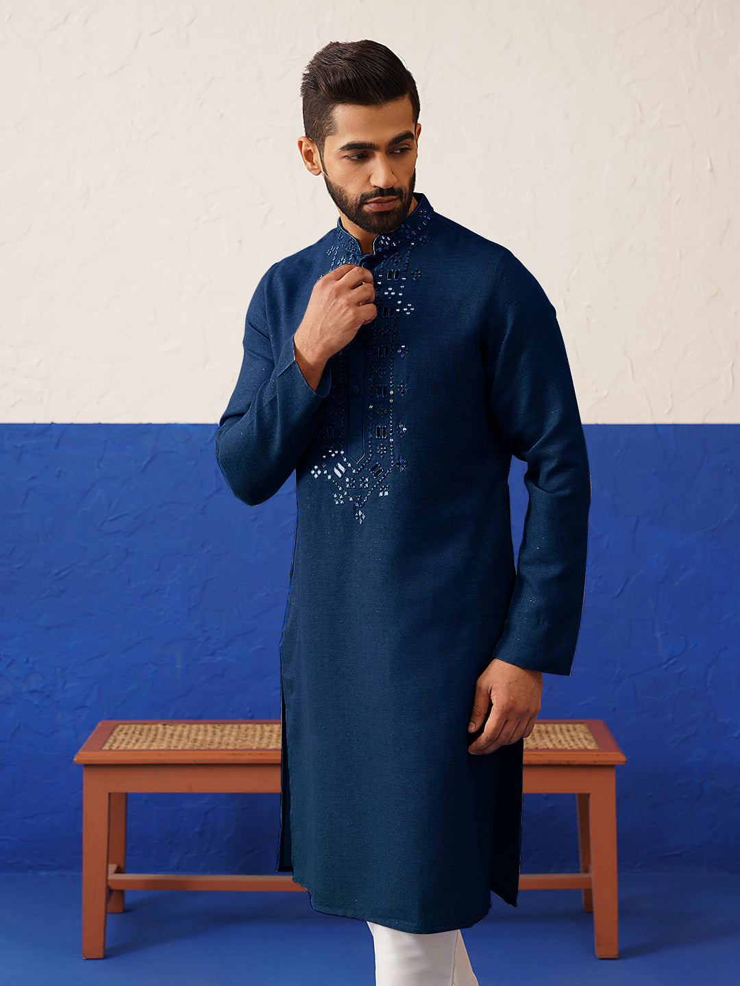 Navy Blue Mirror Embroidery Kurta Set