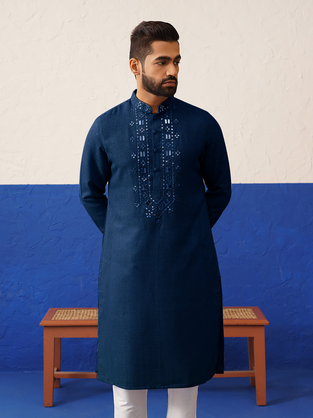 Navy Blue Mirror Embroidery Kurta Set