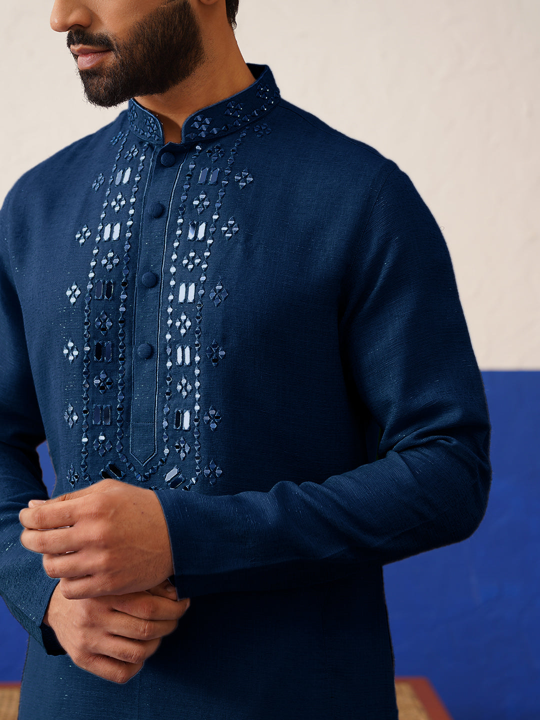 Navy Blue Mirror Embroidery Kurta Set