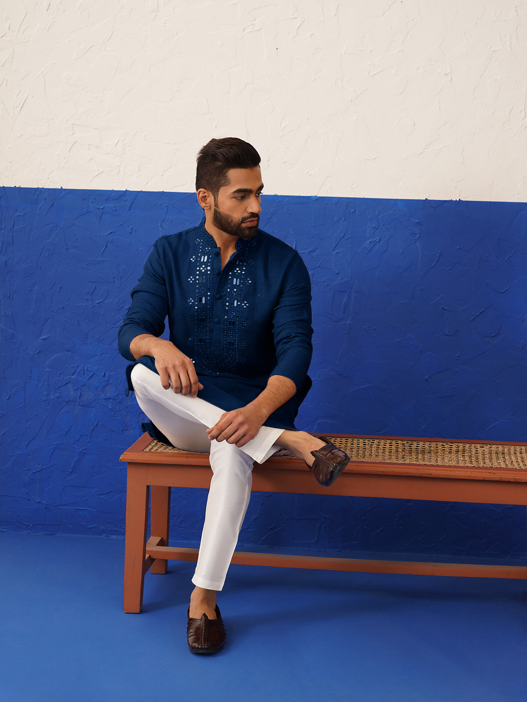 Navy Blue Mirror Embroidery Kurta Set