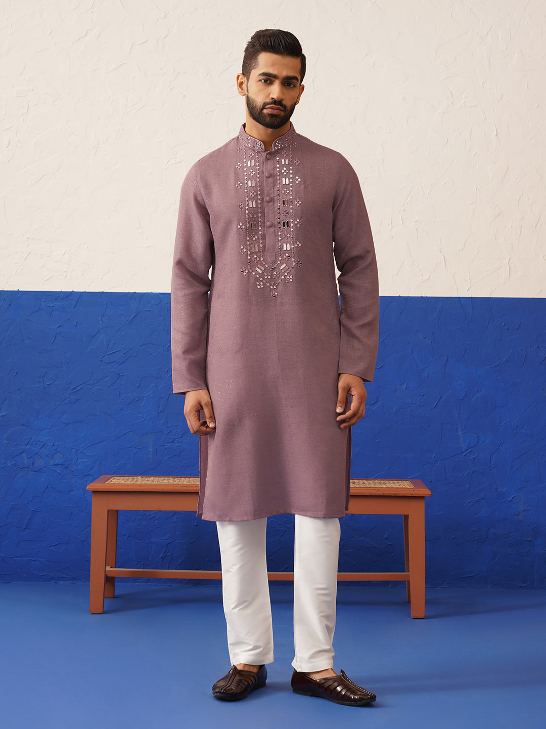 Peach Mirror Embroidery Kurta Set