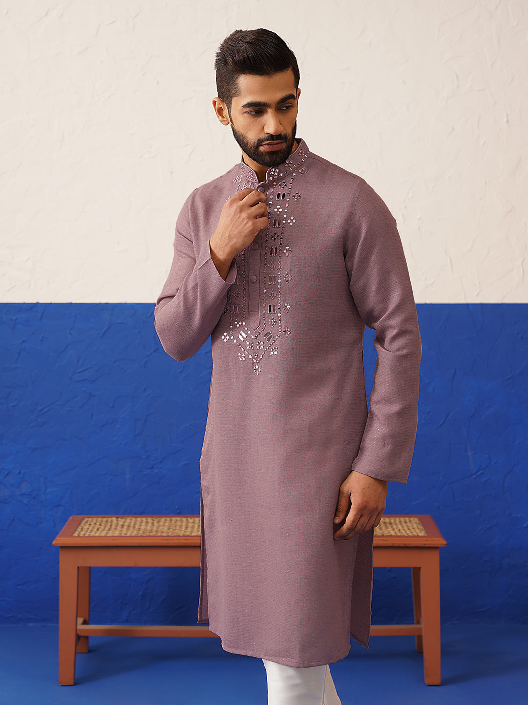 Peach Mirror Embroidery Kurta Set