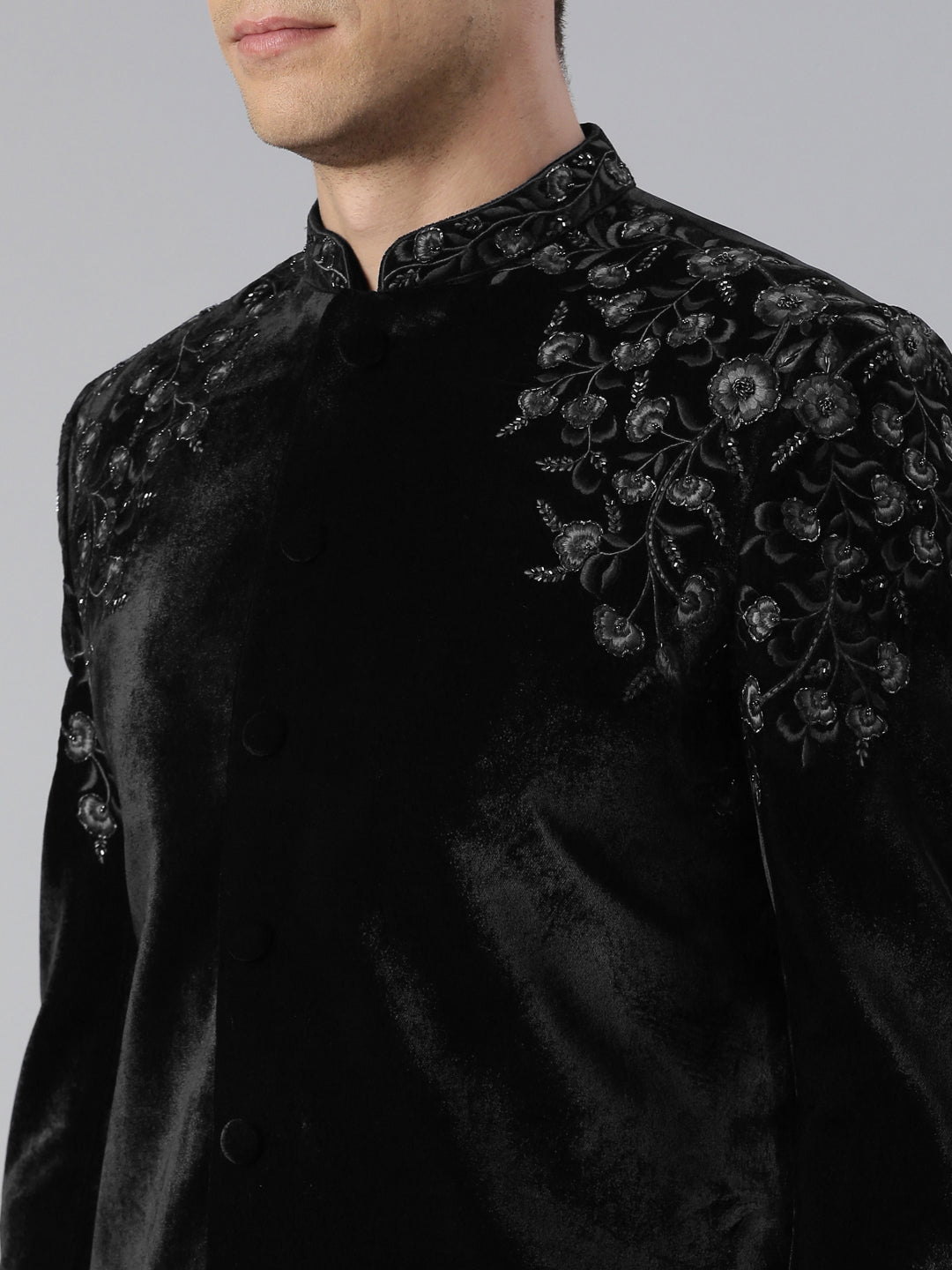 Black velvet embroidery Achkan