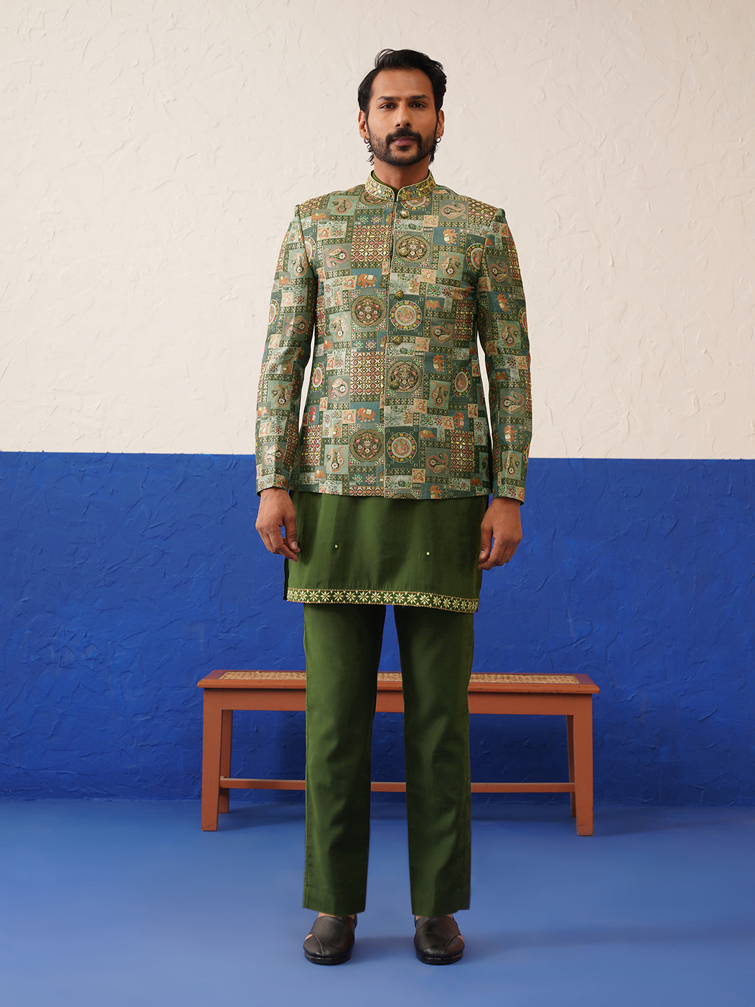 Green with multi design bandhgala set