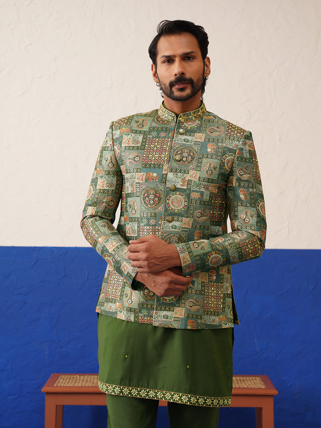 Green with multi design bandhgala set