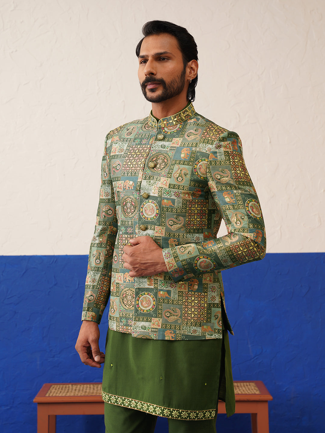 Green with multi design bandhgala set