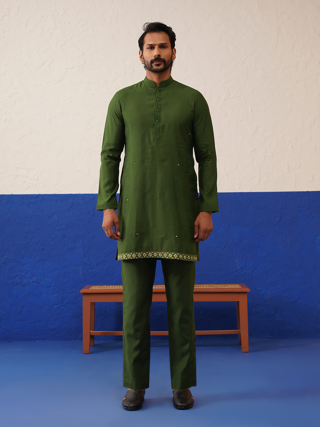 Green with multi design bandhgala set