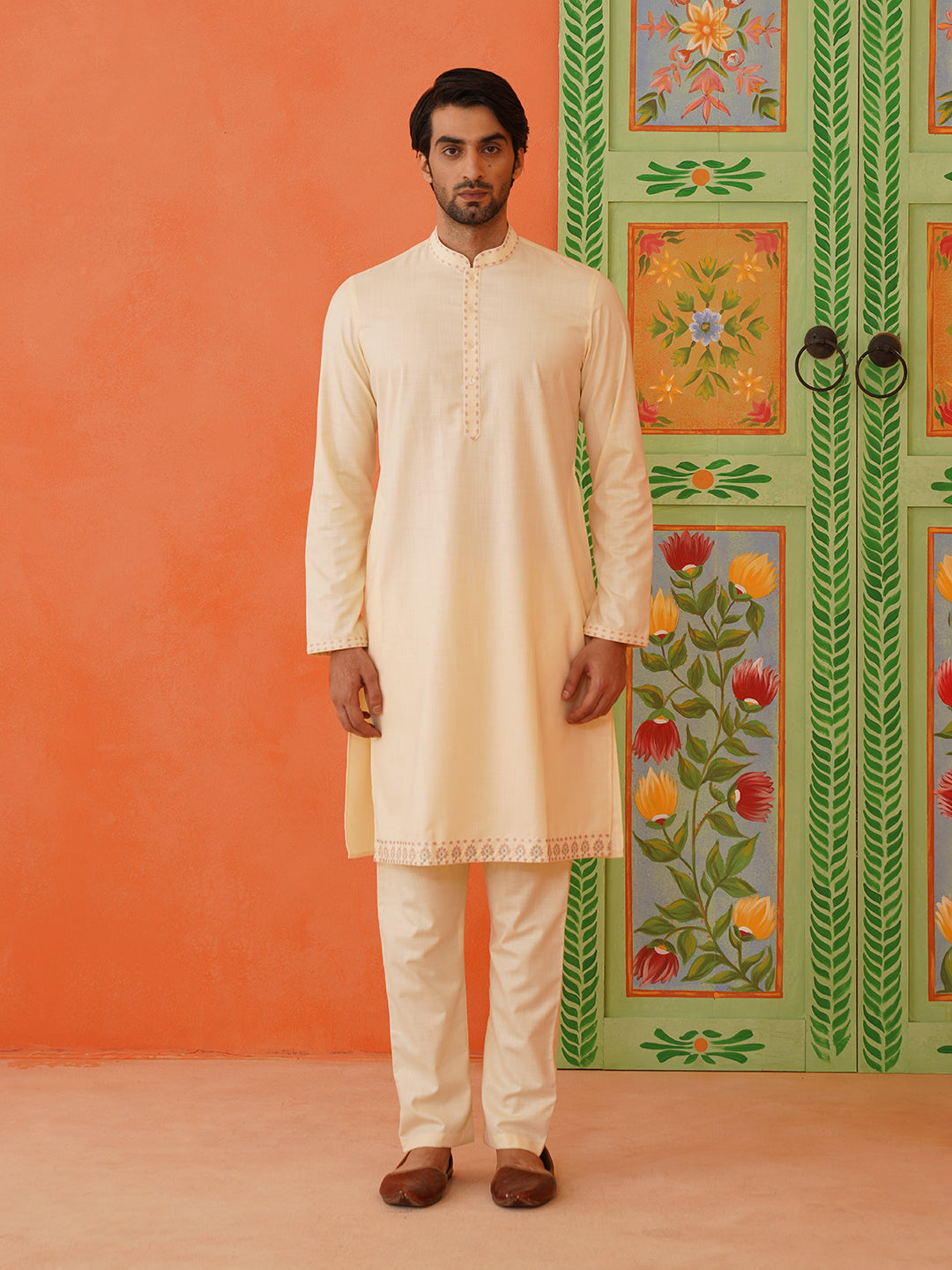 Cream Cotton Floral Embroidery Kurta Set