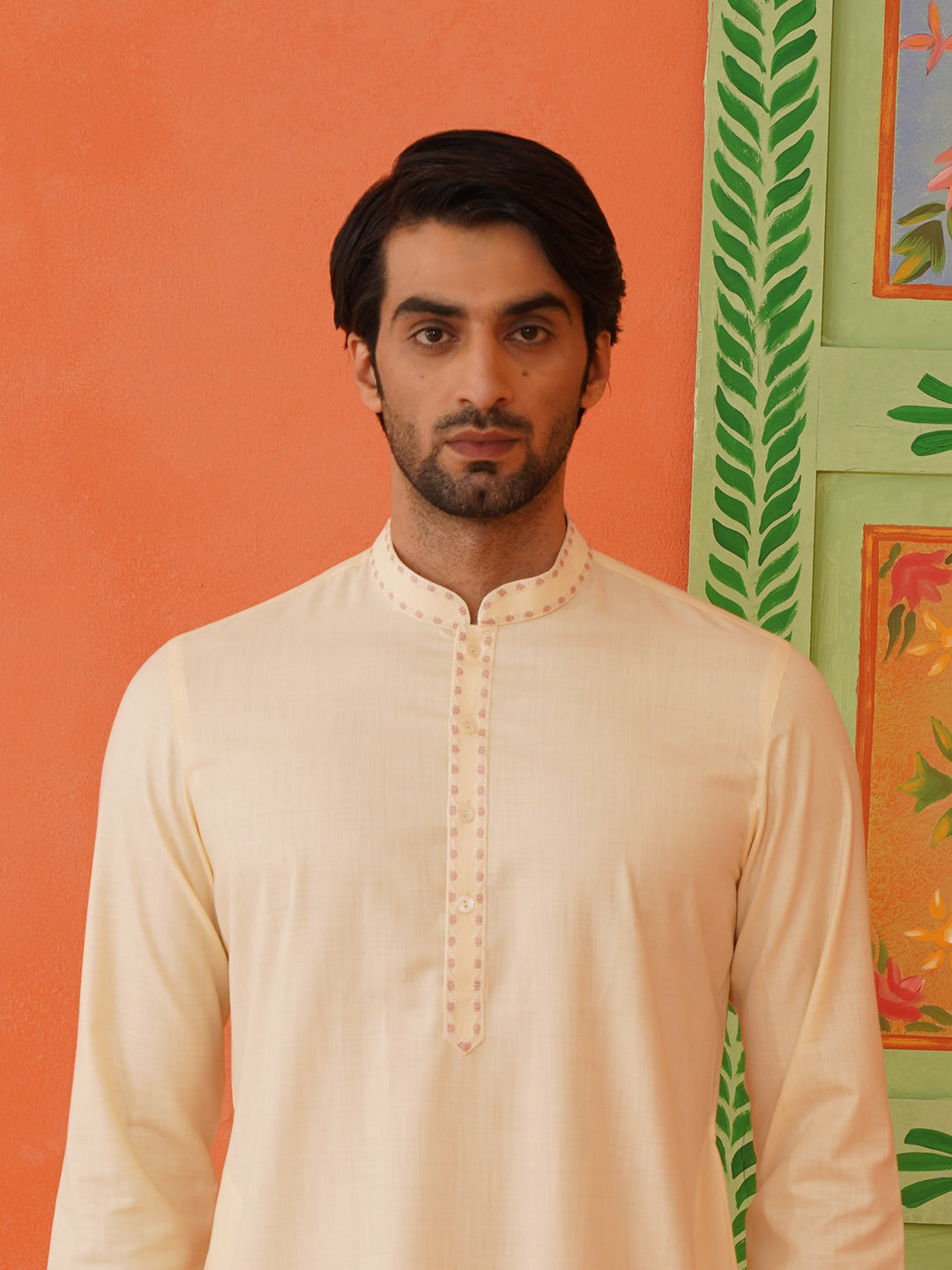 Cream Cotton Floral Embroidery Kurta Set