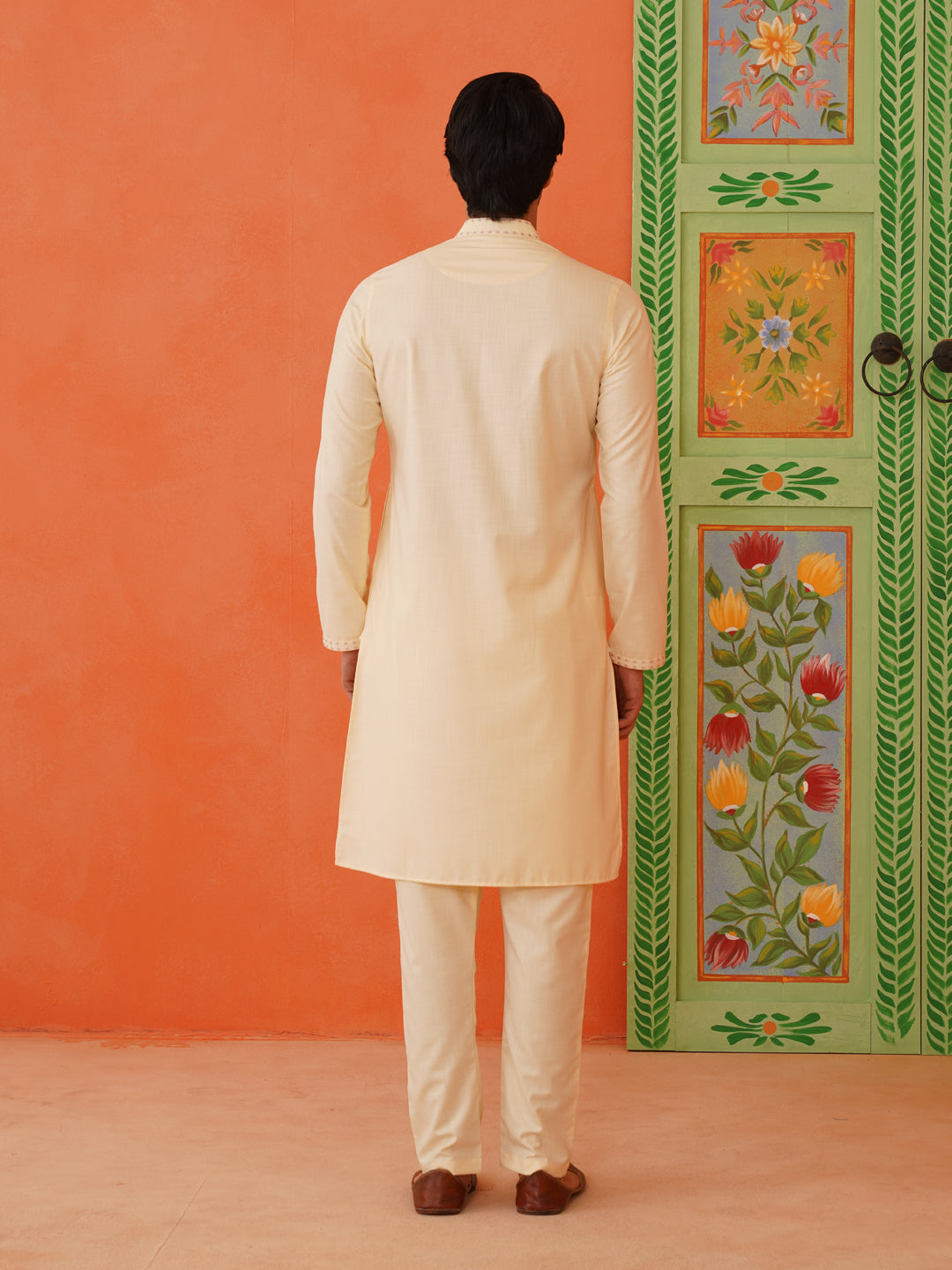 Cream Cotton Floral Embroidery Kurta Set