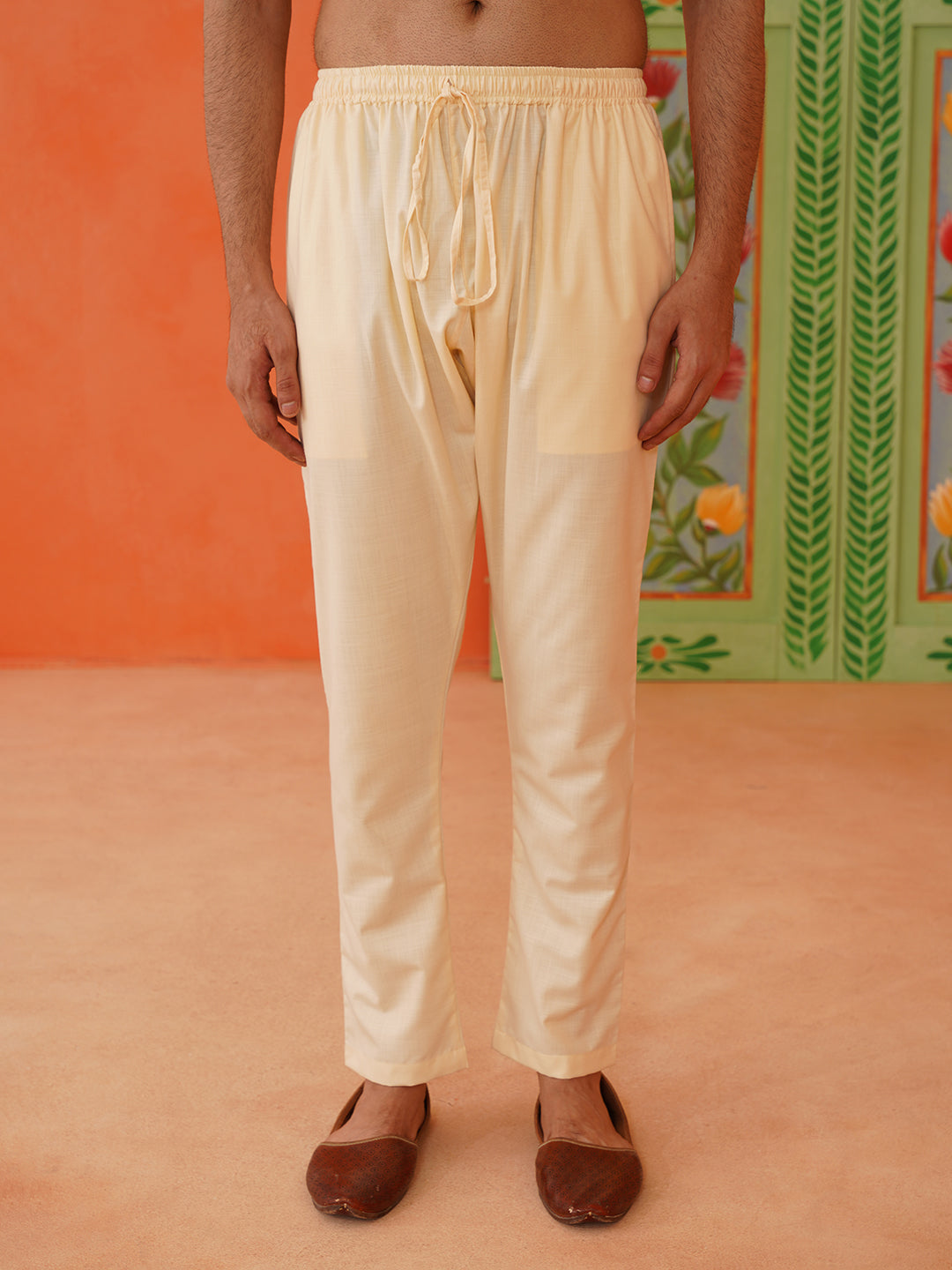 Cream Cotton Floral Embroidery Kurta Set