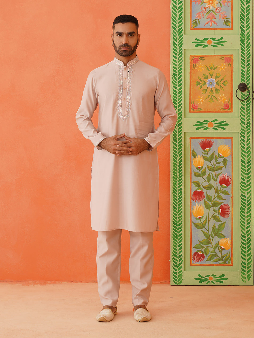 peach mirror work Kurta Set