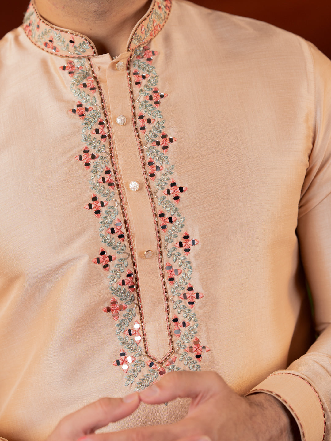 Peach art silk mirror embroidered kurta Set