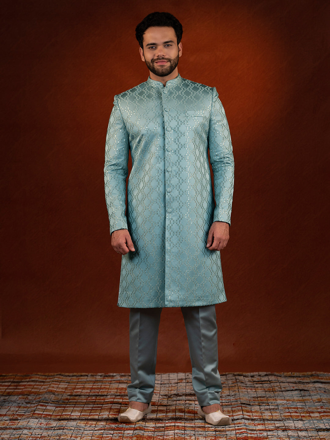 Teal Embroidered Achkan Set