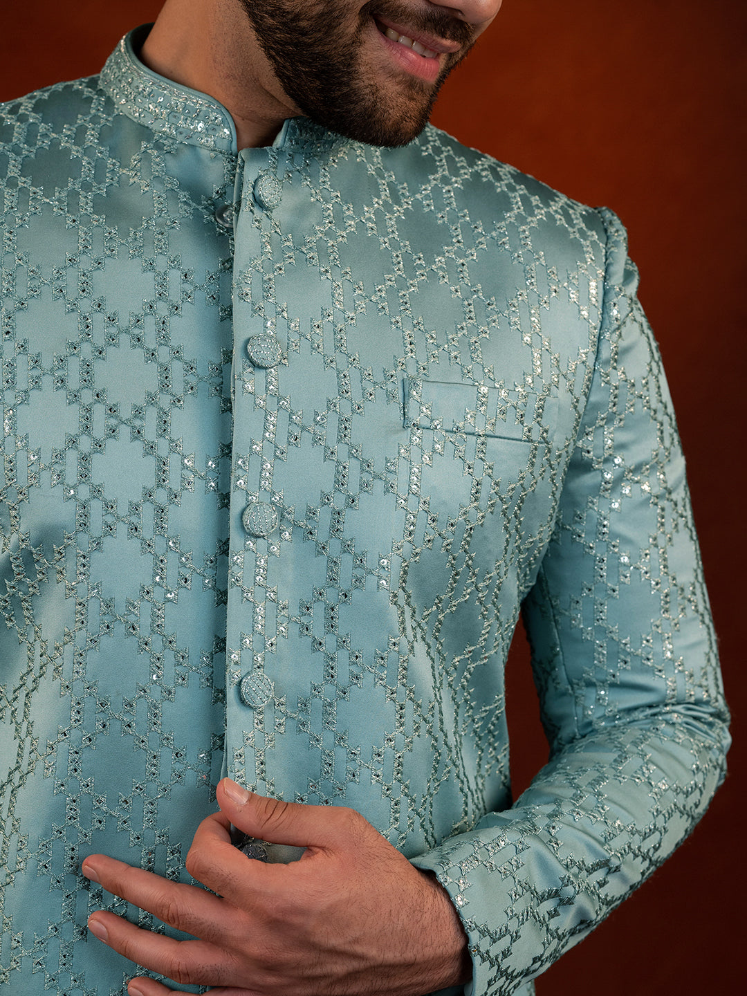 Teal Embroidered Achkan Set