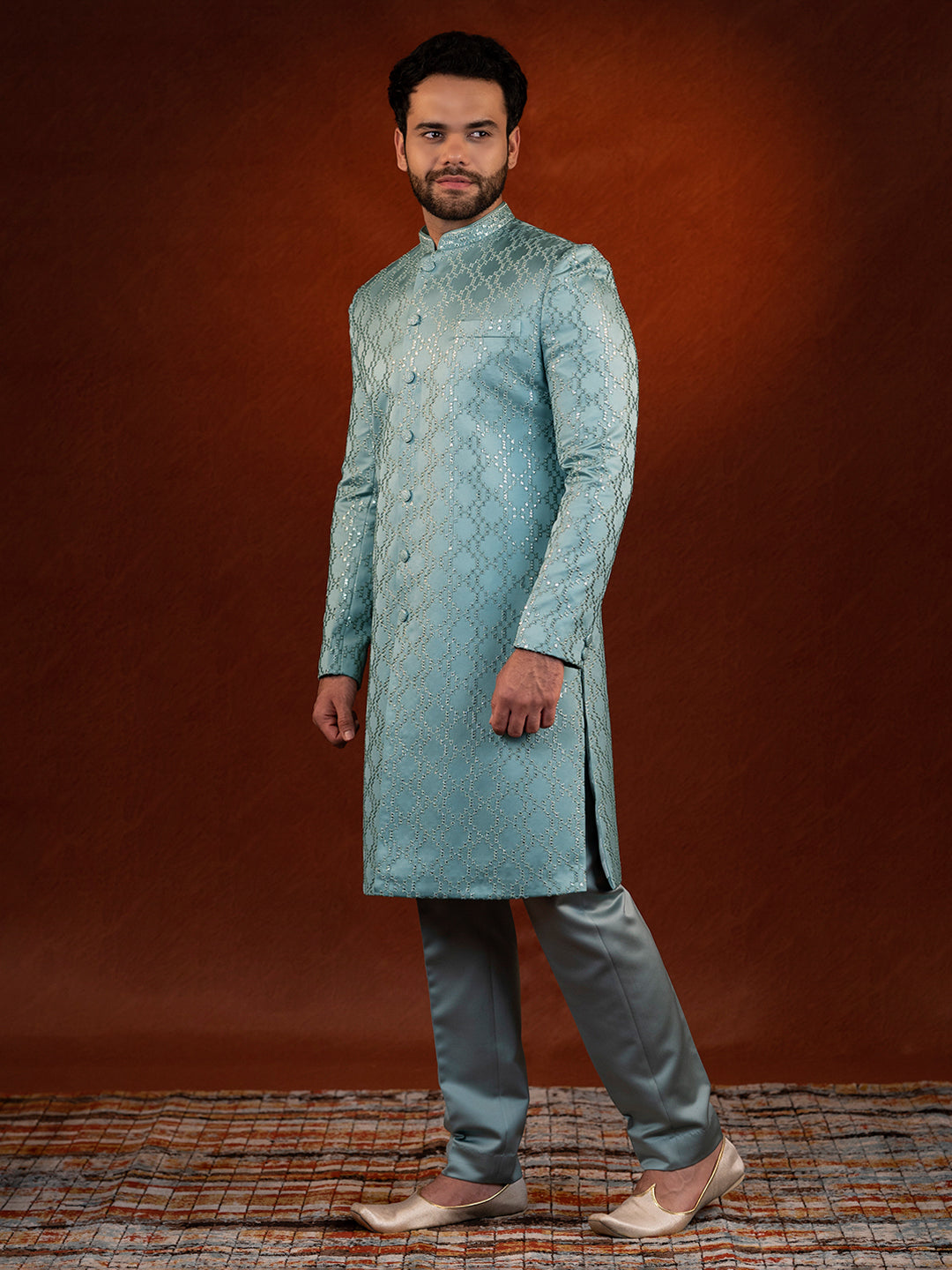 Teal Embroidered Achkan Set