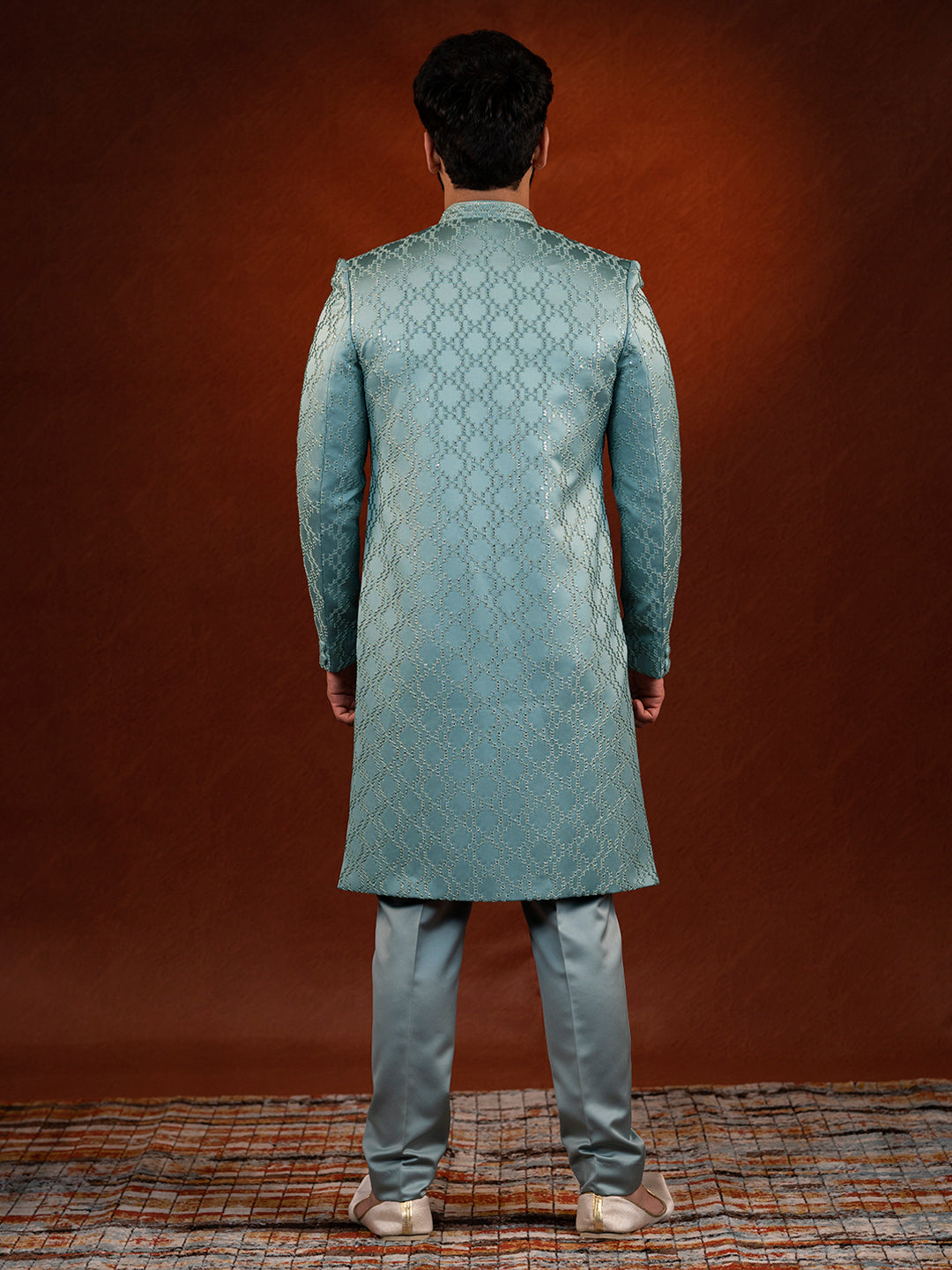 Teal Embroidered Achkan Set