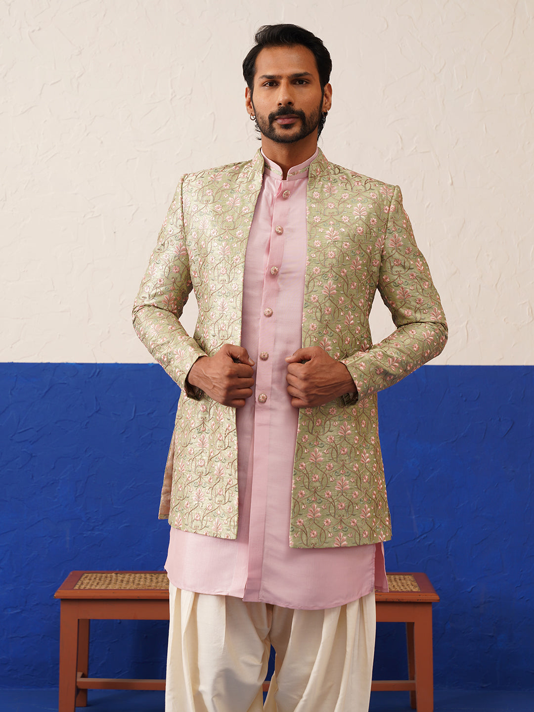 Sage Green Floral Embroidered Indo set