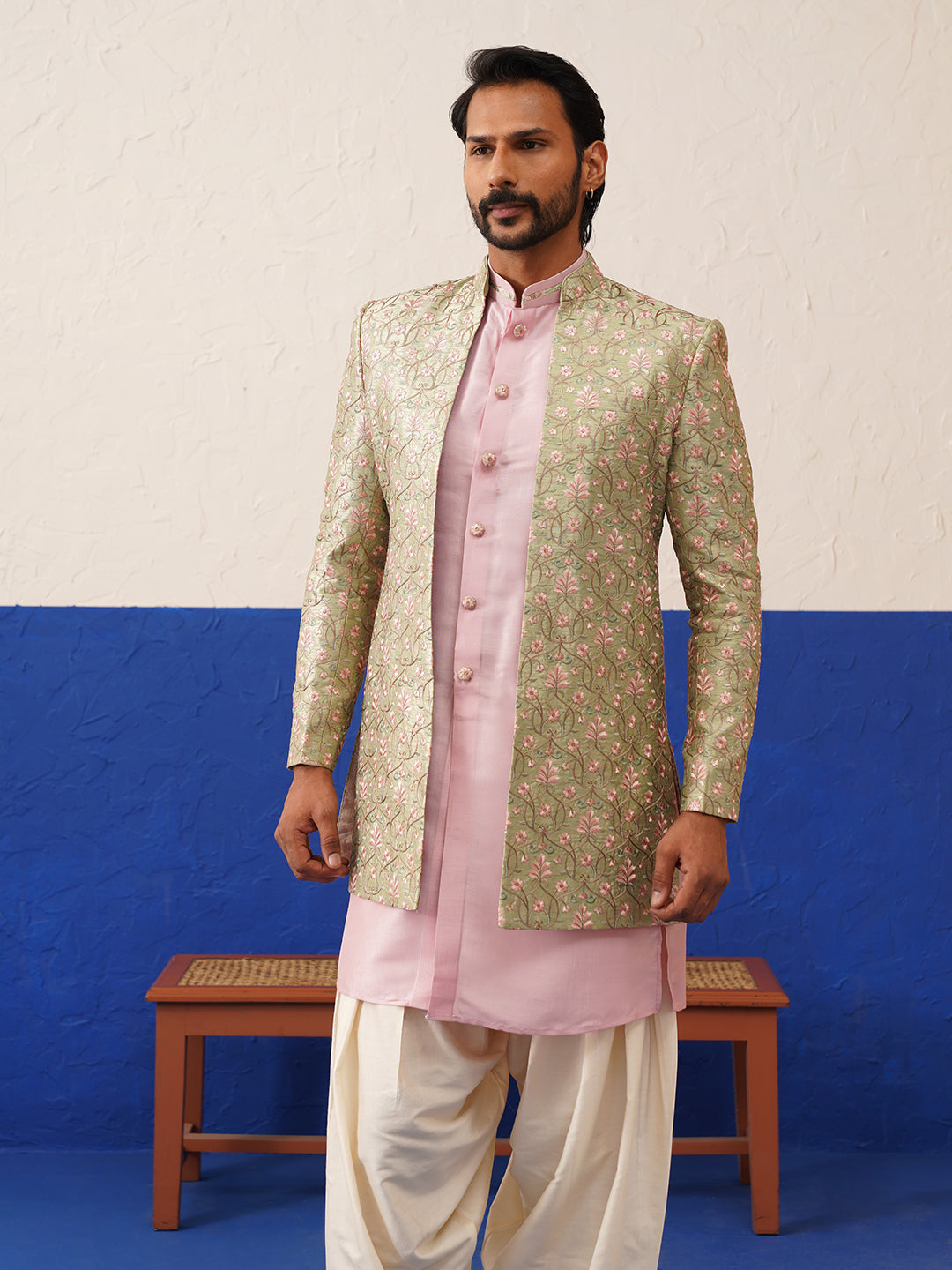 Sage Green Floral Embroidered Indo set