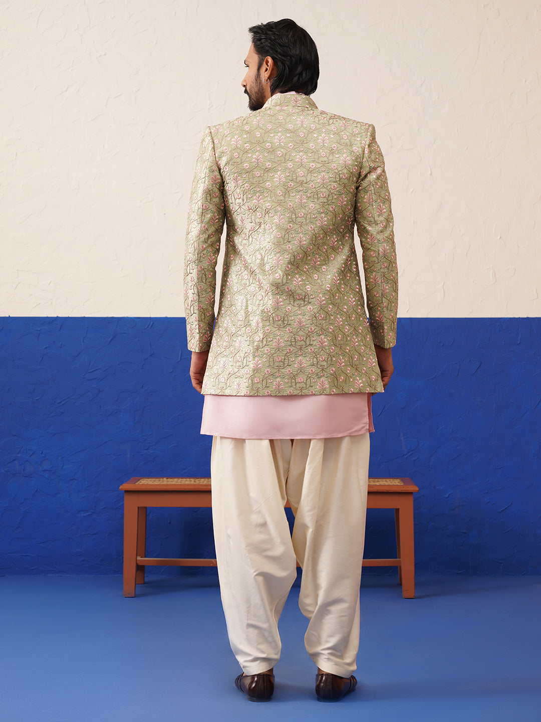 Sage Green Floral Embroidered Indo set