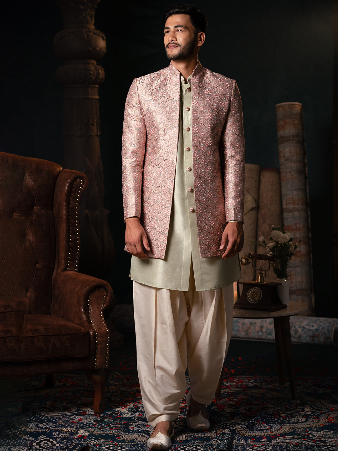 Pink Floral Embroidered Indowestern