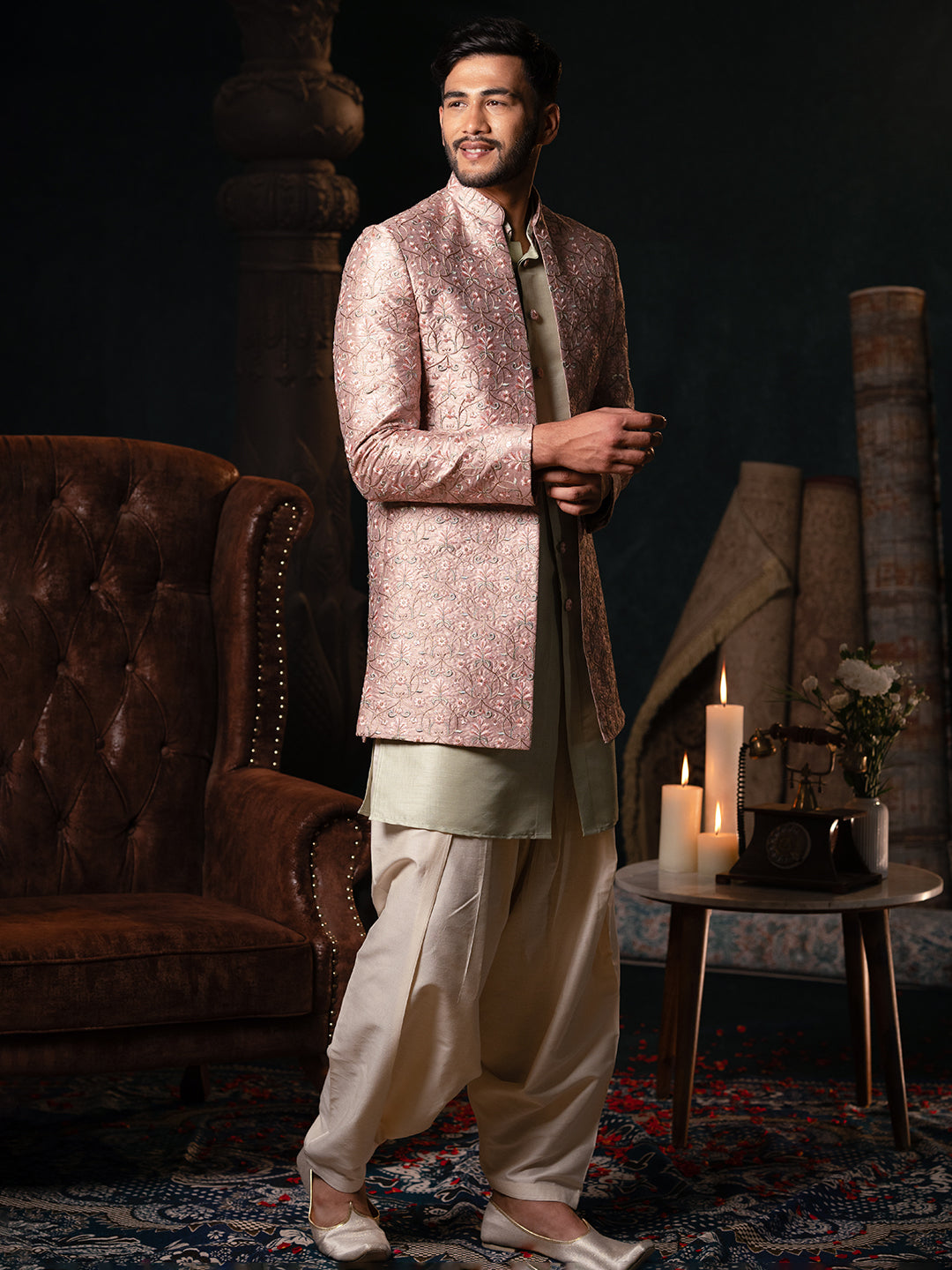 Pink Floral Embroidered Indowestern